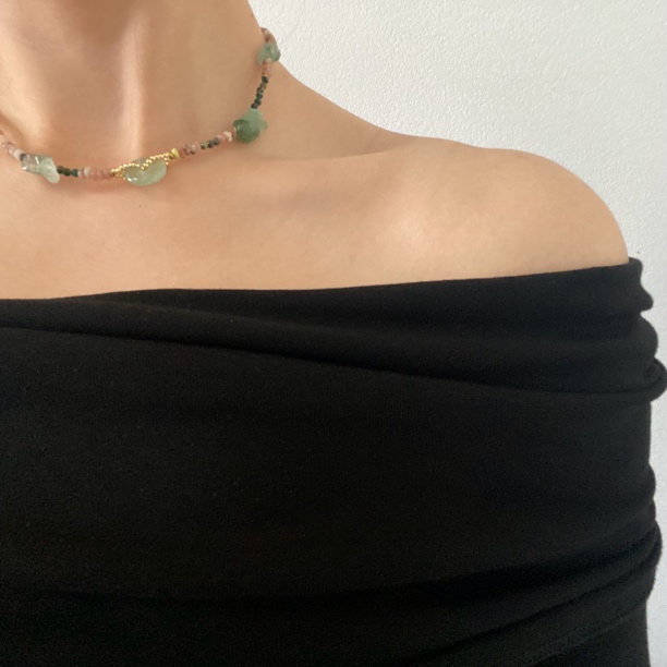 铜合金项链 复古小众绿草红梅花项链