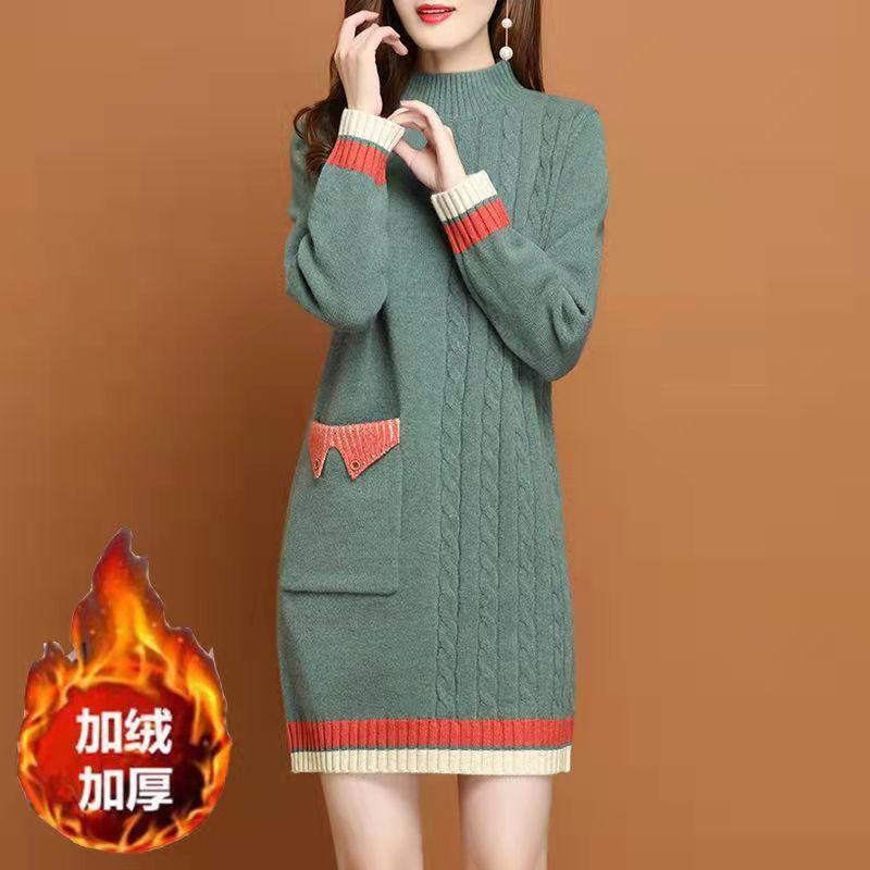 加绒加厚中长款毛衣女新款2023年爆款韩版宽松包臀针织打底衫洋气