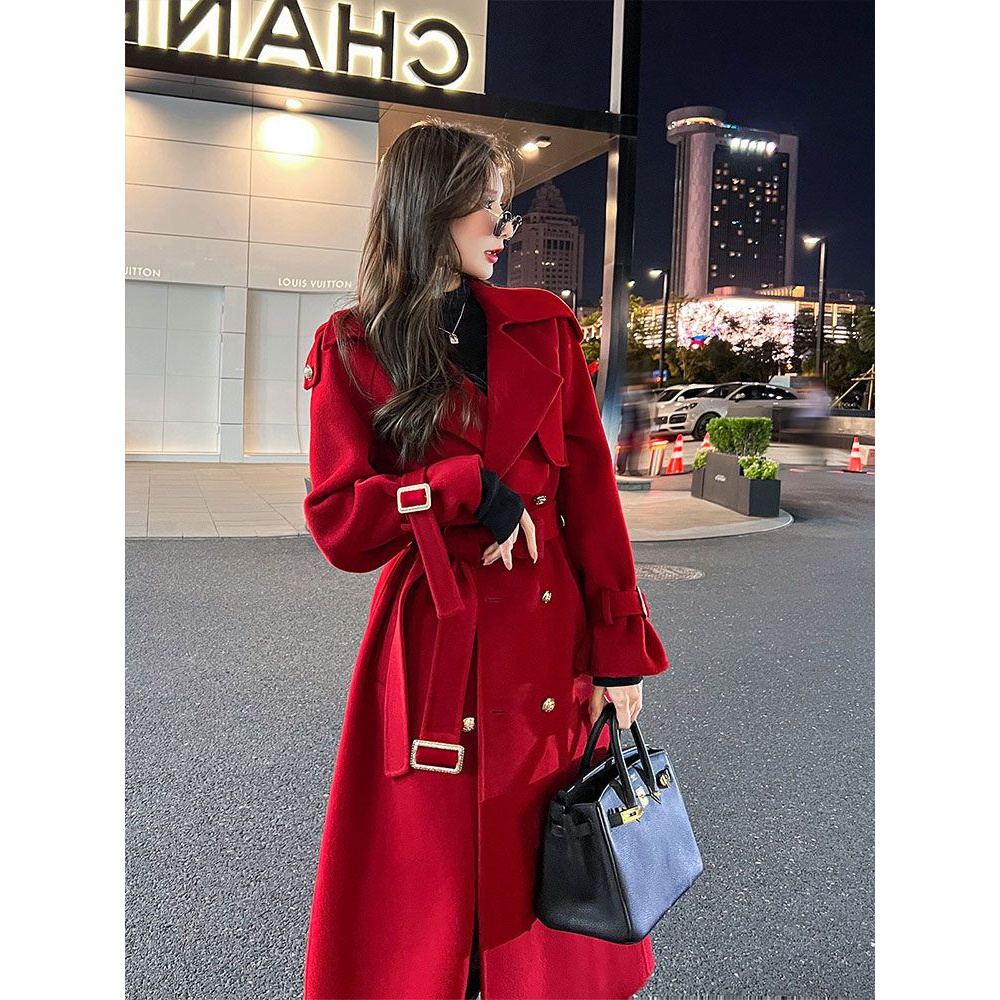 新年战袍气质名媛高档西装式呢子大衣女秋冬新款中长款毛呢外套wh