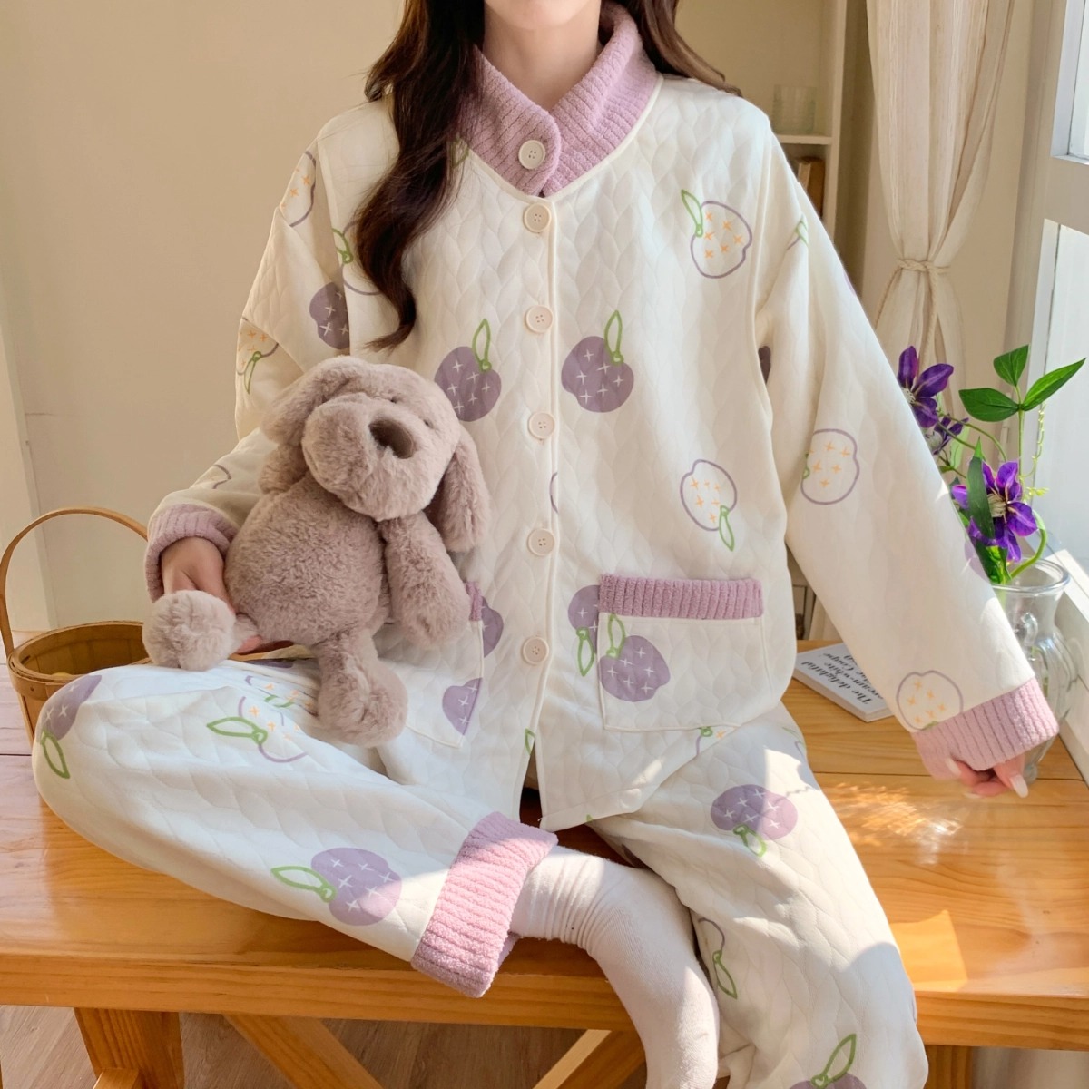 【10-4月】秋冬带胸垫A类抗菌空气棉夹层孕妇女哺乳喂奶月子服套装