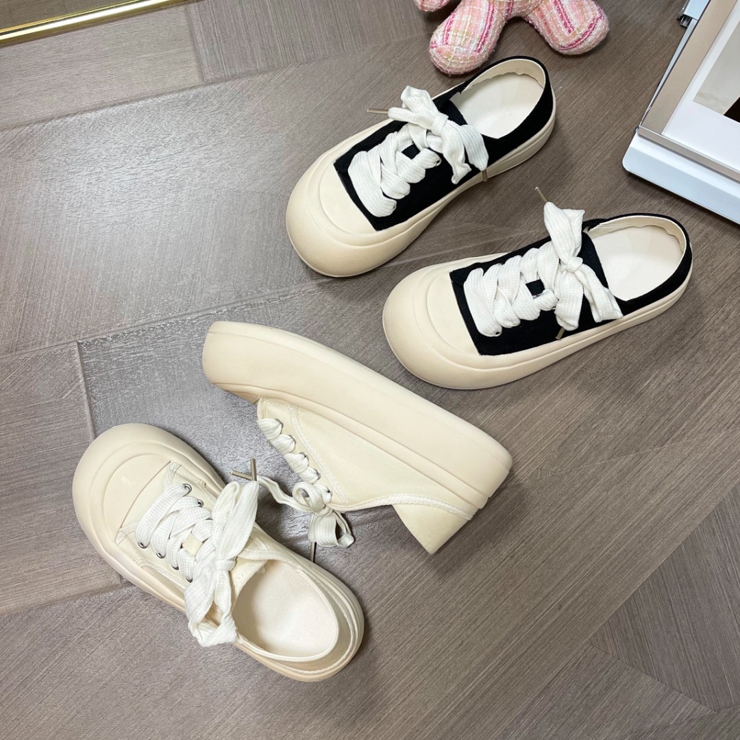 丑萌大头面包鞋女2023春季新款百搭休闲俩穿系带运动鞋厚底小白鞋