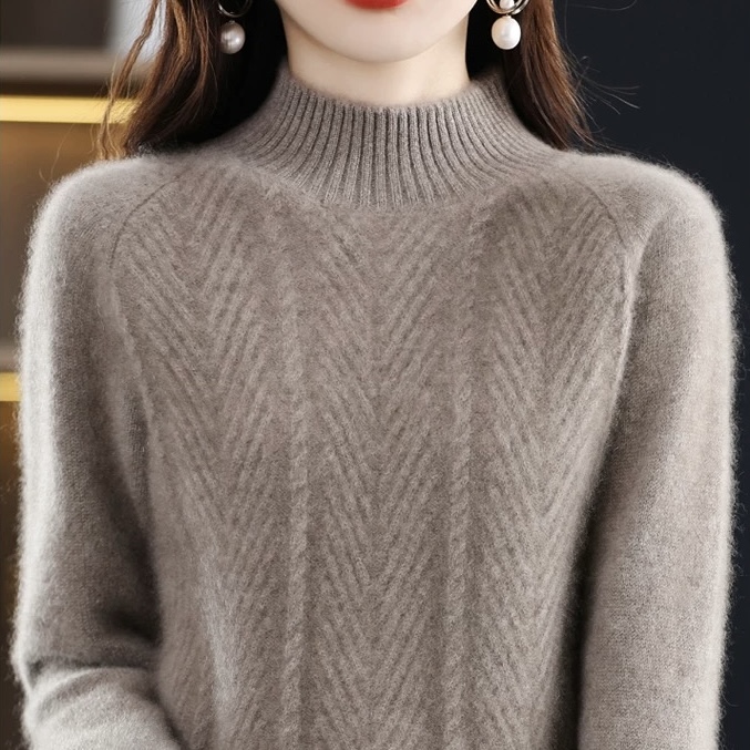 鄂尔都市牧王重磅羊绒衫女半高领加厚宽松提花毛衣针织百搭打底衫