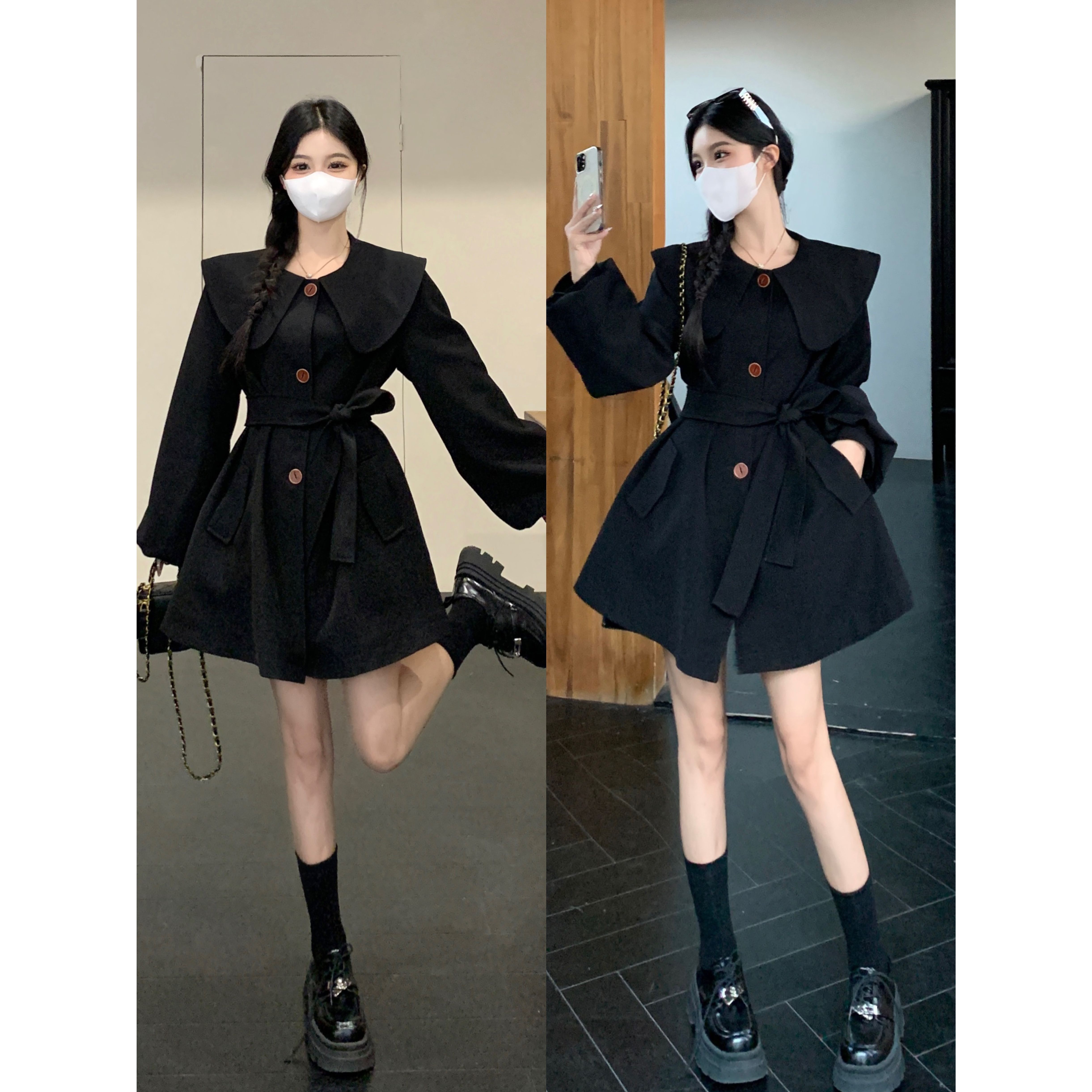大码胖mm秋冬新款韩版洋气娃娃领风衣女中长款收腰显瘦灯笼袖外套