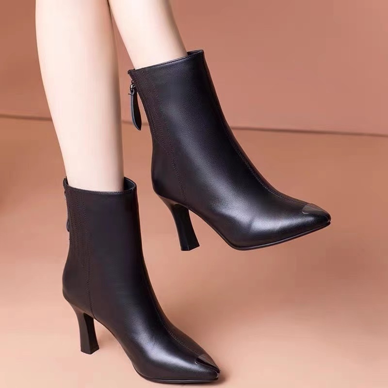 2023百搭气质女靴高跟鞋女瘦瘦裸靴真皮鞋加绒冬天爆款小个子短靴