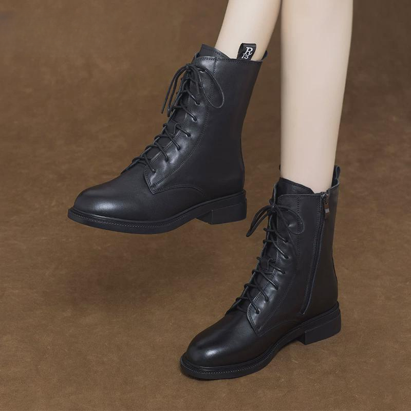 2025新款大码女鞋软皮马丁靴英伦风平底短靴春秋单靴真皮鞋女靴子