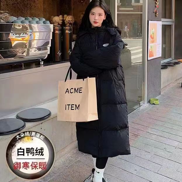 雪中飞白鸭绒羽绒服女长款过膝2023冬季新款韩版宽松加厚小个子黑