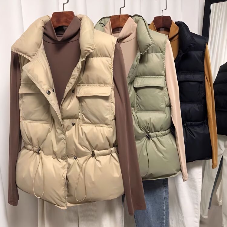 雪中飞羽绒马甲女2023新秋冬收腰立领外套韩版抽绳口袋马夹背心坎
