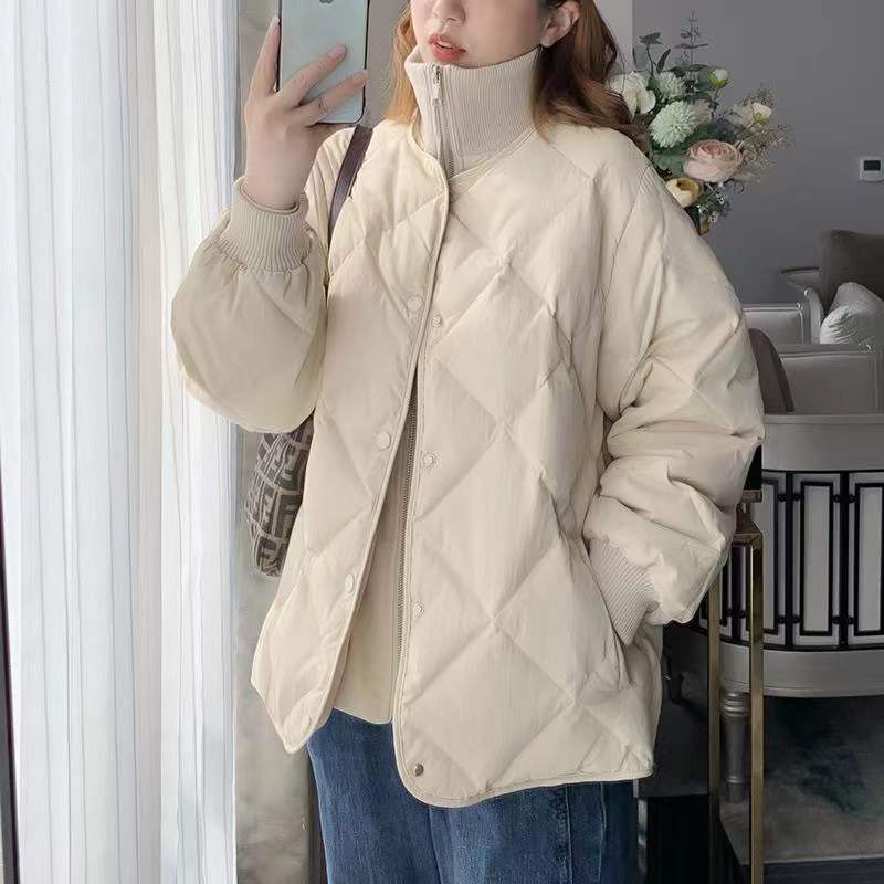 雪中飞白鸭绒羽绒服女立领韩版拼接小个子冬季新款轻薄短款菱格厚