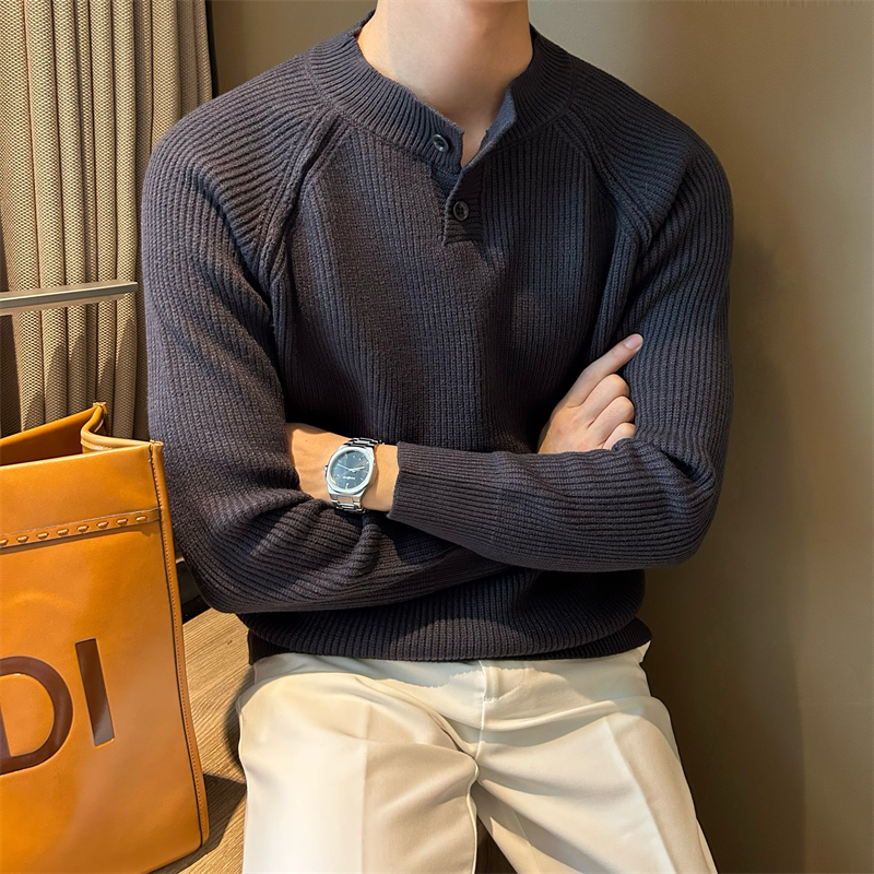 轻熟商务休闲打底针织衫男长袖秋冬季半开扣圆领套头白色毛衣男潮