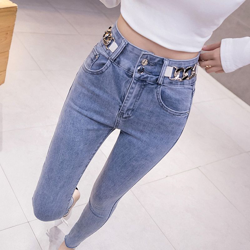 199.99高腰牛仔裤女修身显瘦弹力铅笔九分小脚裤