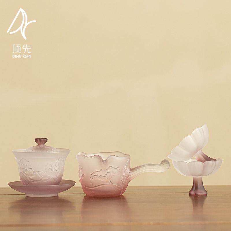 顶先 荷塘月色耐热玻璃琉璃紫盖碗小套组泡茶简约家用 A11041