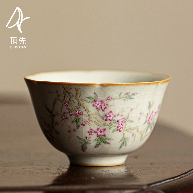 顶先  米黄汝窑紫藤粉花客杯茶杯品茗杯开片茶具 A8031