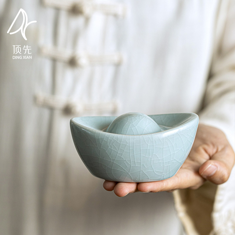 顶先 当代天青汝窑大元宝盖置茶道零配陶瓷创意摆件 A8530