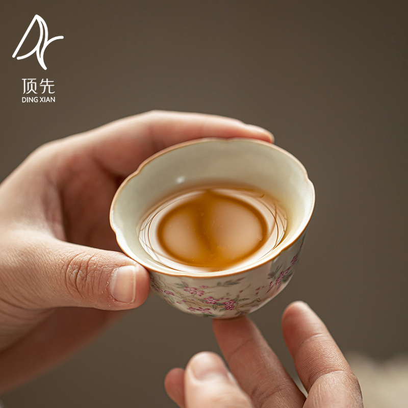 顶先米黄汝窑紫藤粉花客杯茶杯品茗杯开片茶具A8031_珠宝文玩- 布卡好物