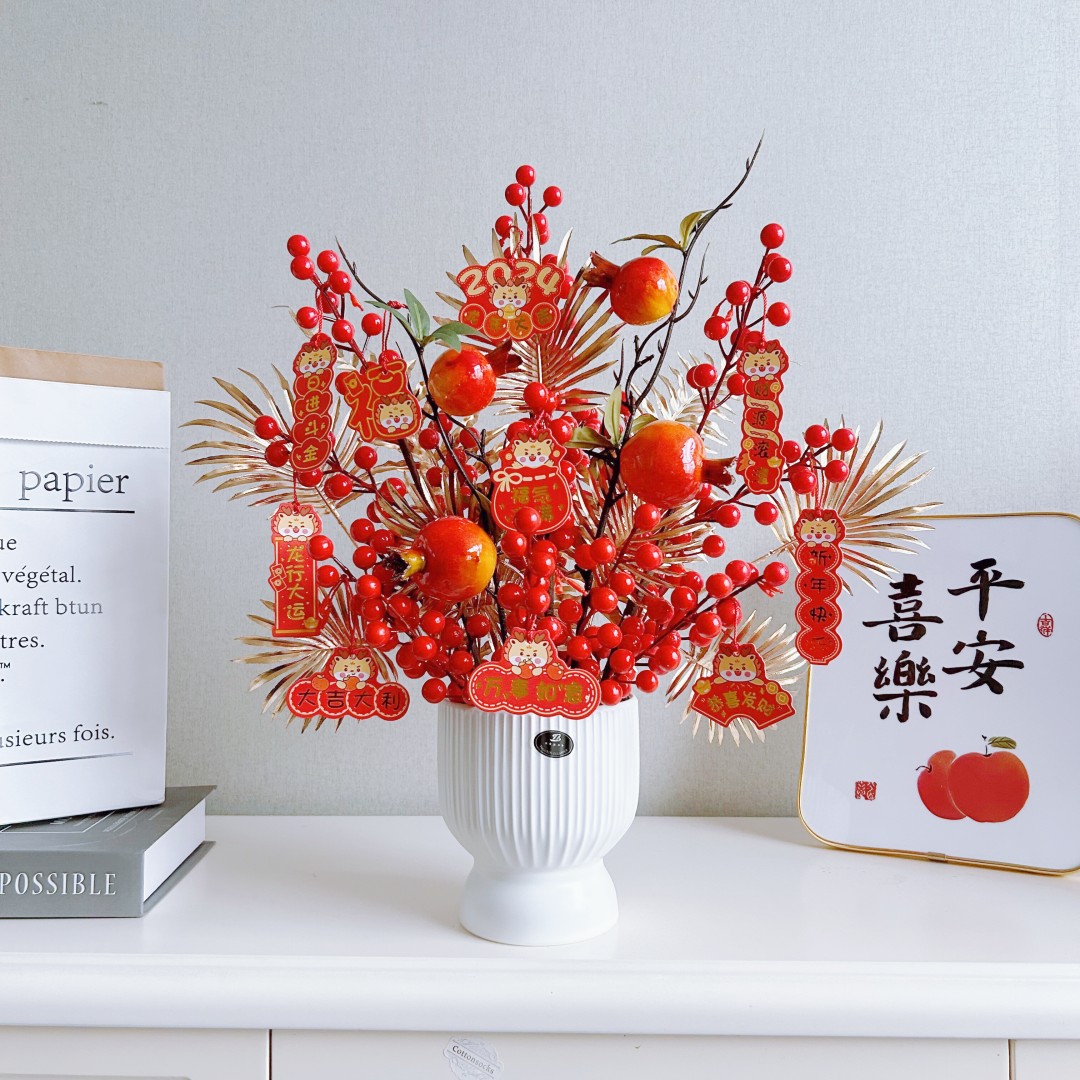 【成品发货】轻奢仿真石榴红浆果高档电视柜玄关创意新中式花艺摆件
