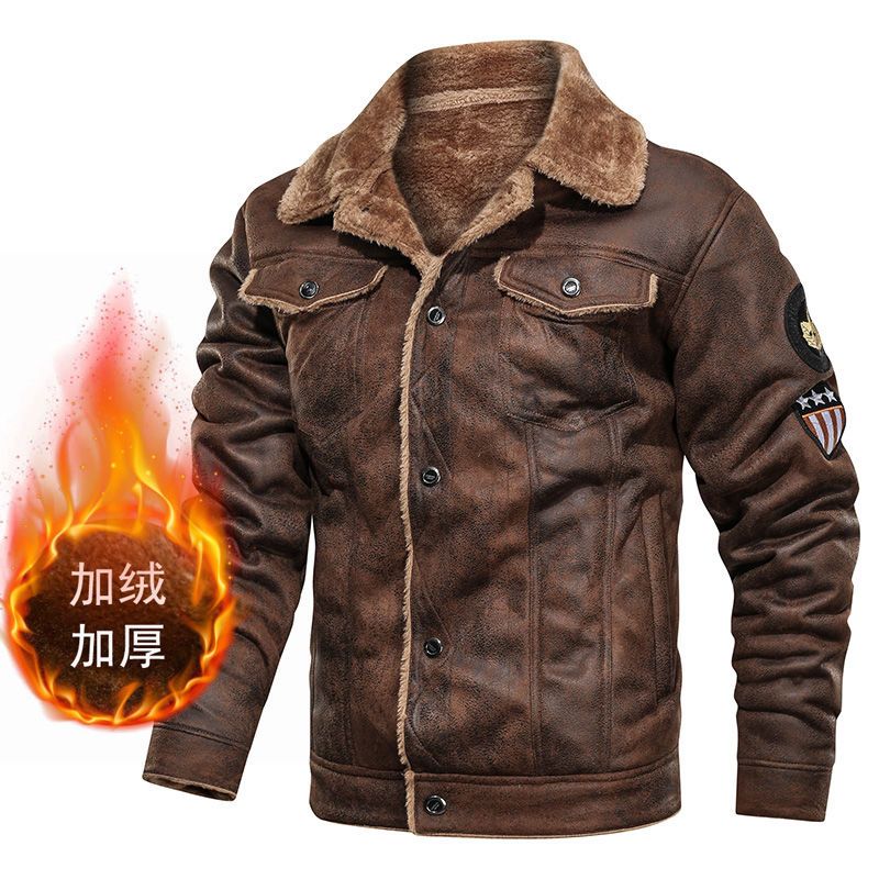 2023新款冬季加绒外套男修身夹克加厚保暖羊羔绒外套男衣服复古