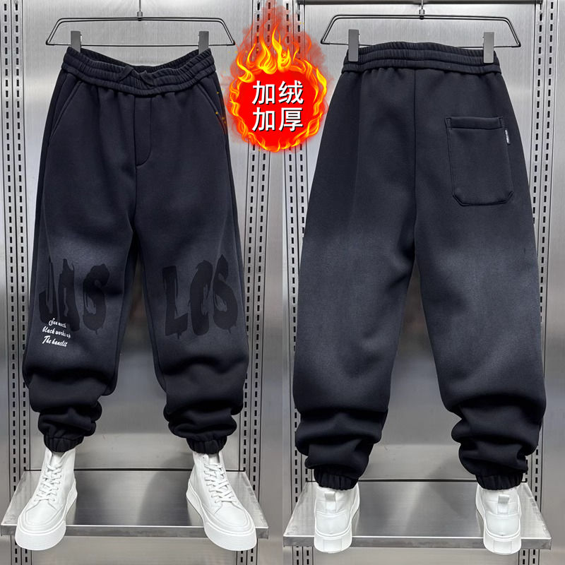 秋冬新款加绒印花休闲裤男士潮流宽松大码运动束脚卫裤痞帅哈伦裤