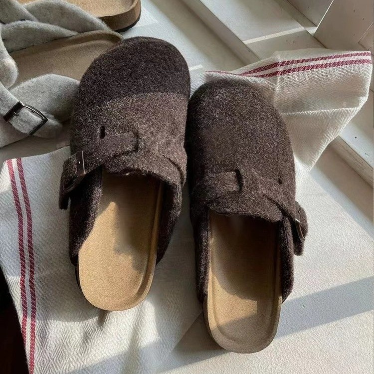 博肯毛毡包头拖鞋女2025秋新款软木脚床舒适勃肯鞋日系平底懒人鞋