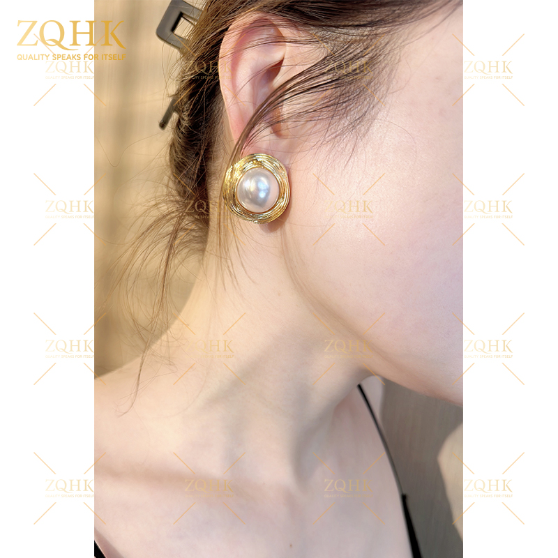 铜合金仿珍珠耳饰 【ZQHK】子琪品牌复古螺旋金属珍珠耳钉气质耳环