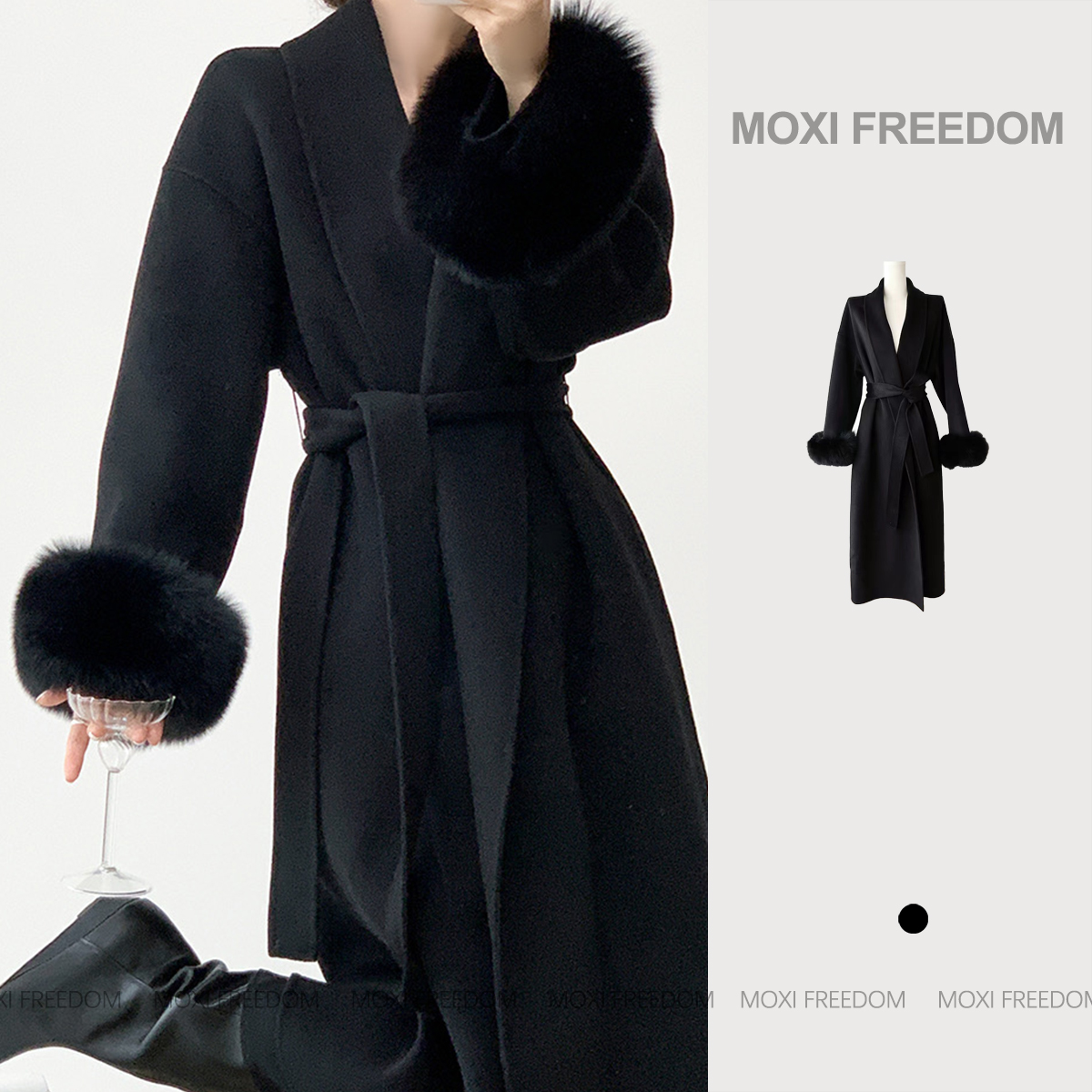 【女爵时代】100%羊毛高端黑色加长款狐狸毛双面羊毛呢子大衣外套