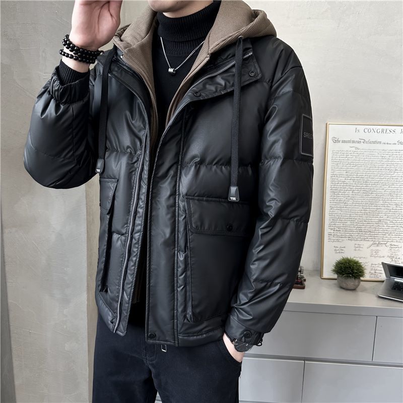 波司澄假两件连帽皮面羽绒服男冬季2023新款潮流帅气休闲保暖皮外