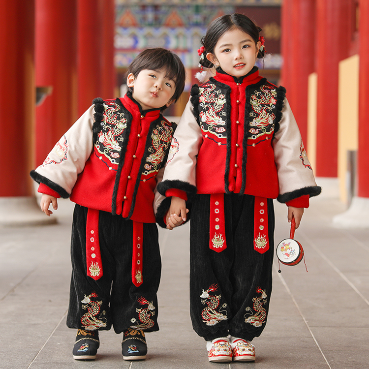 【青龙金匮】中国风冬款男女童唐装绣花加厚国冬季拜年服表演裤冬款