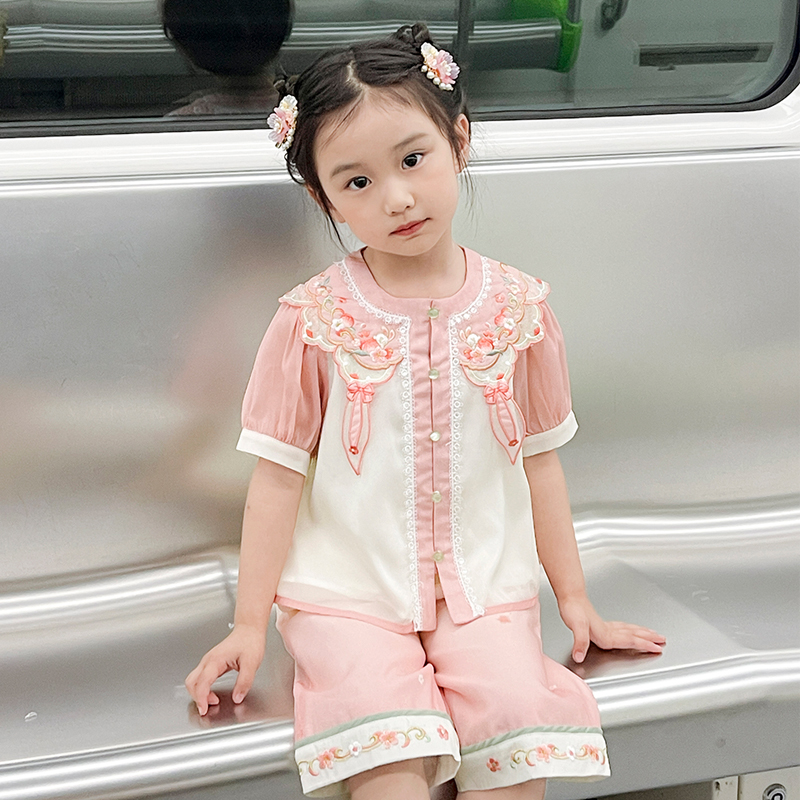 云肩中国风复古宝宝套装汉服女童短袖套装绣花夏季古国风唐装国风