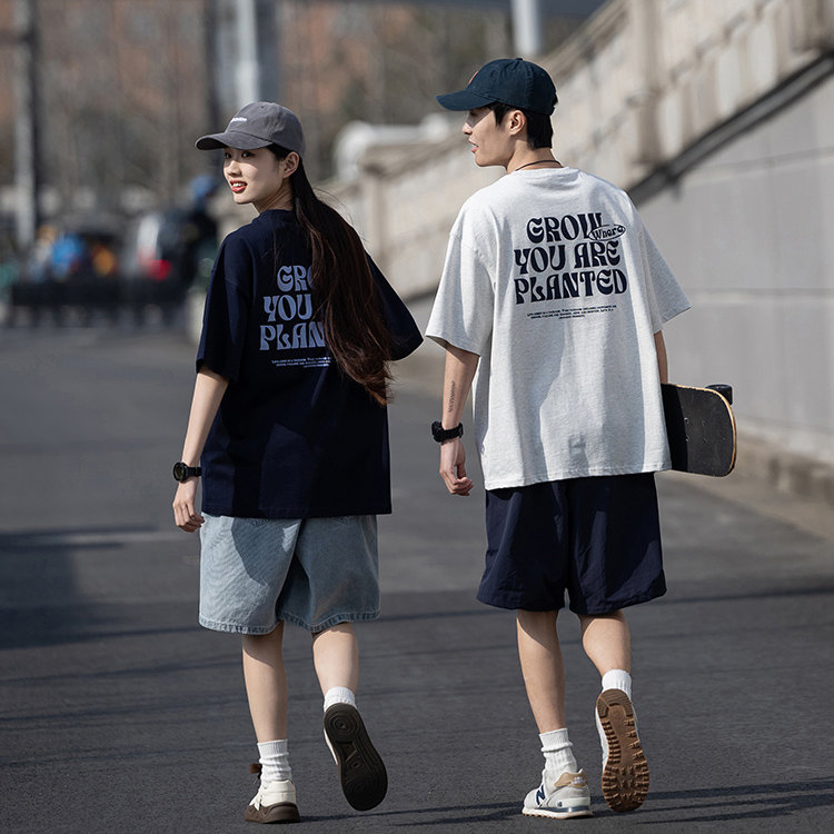 重磅背后字母印花T恤男生短袖2025夏季新款潮流情侣装