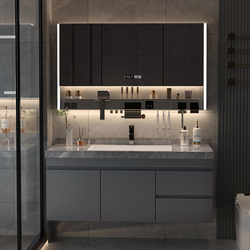 岩板无缝陶瓷盆一体组合套装智能浴室柜洗漱台洗脸盆多层实木套装