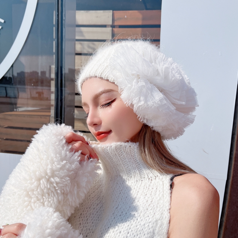 「秋冬精选」原创慵懒风时尚百褶网纱珍珠厚兔毛保暖针织堆堆贝雷帽