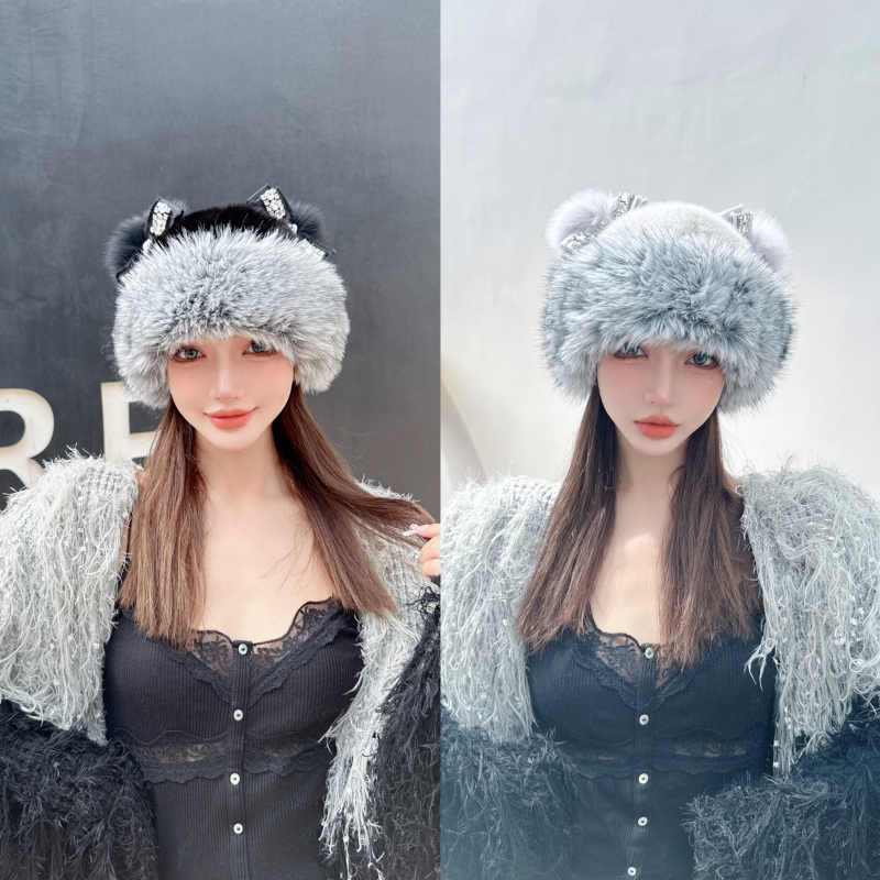 CREAMPP 原创秋冬气质灰黑皮毛一体圆顶贝雷帽狐狸毛球蝴蝶结盆帽