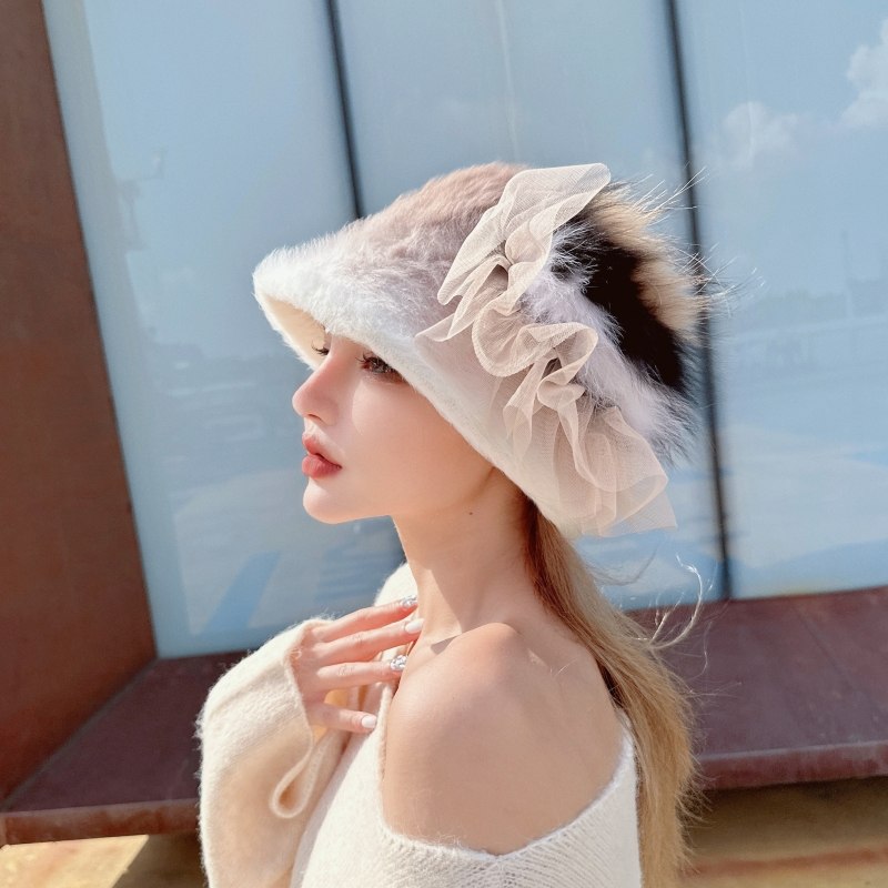 「熔岩黑巧」原创梦幻渐变加厚兔毛渔夫帽网纱花边狐狸毛高级盆帽