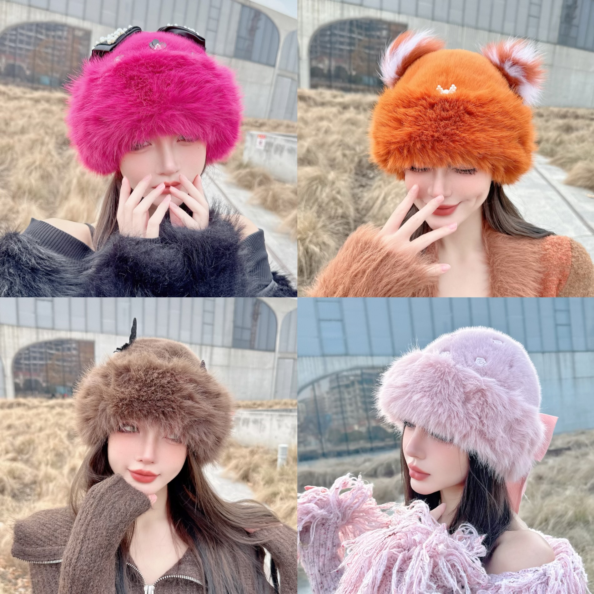 CREAMPP 原创秋冬时髦潮款柔软皮毛一体仿皮草贝雷帽保暖护耳盆帽