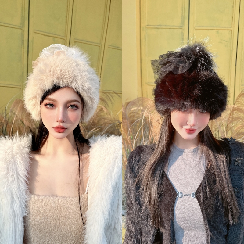 CREAMPP 原创秋冬设计师重工甜美仿皮草帽蓬松网纱狐狸毛护耳盆帽