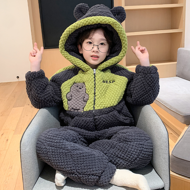 bejirog/北极绒中小童冬季新款珊瑚绒三层夹棉男童连帽睡衣套装