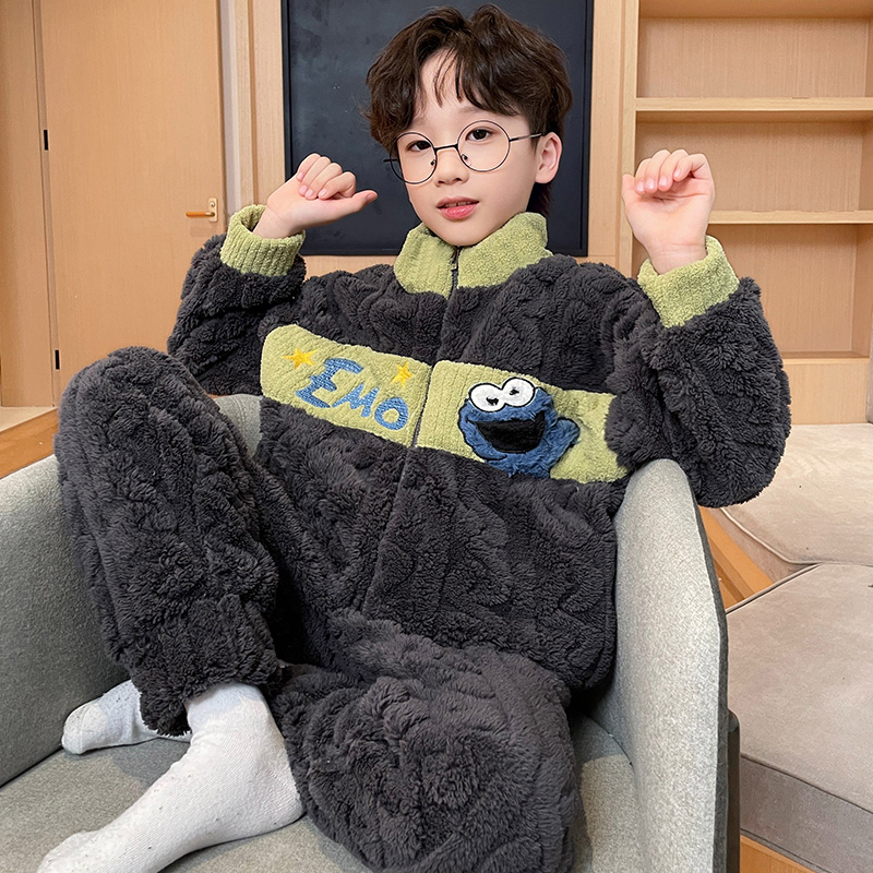 bejirog/北极绒中大童加厚男童珊瑚绒拉链睡衣套装可外穿家居服