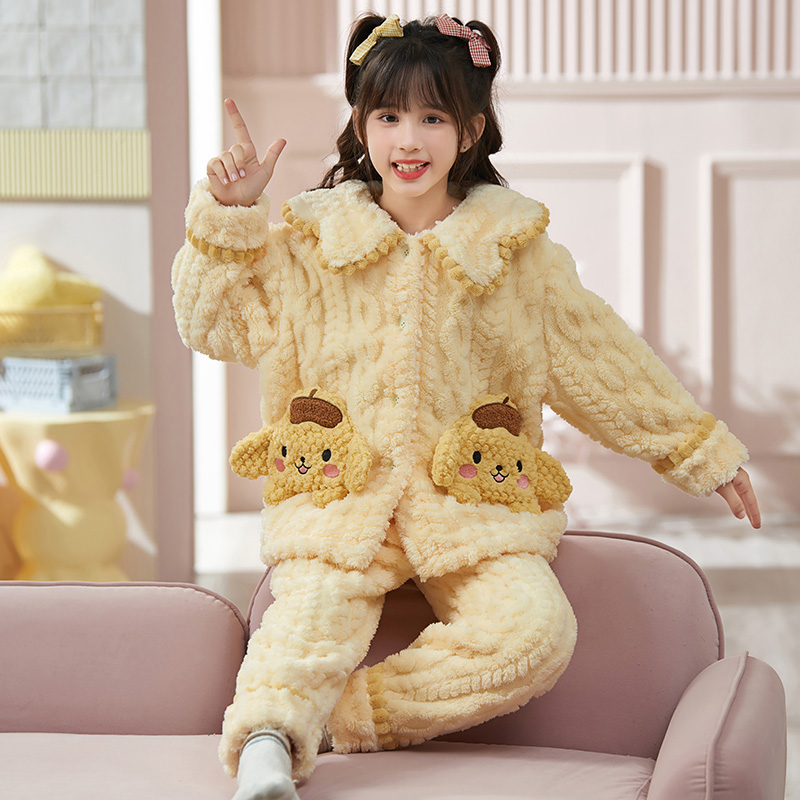 bejirog/北极绒秋冬季卡通洋气珊瑚绒女童娃娃领开衫加绒家居服