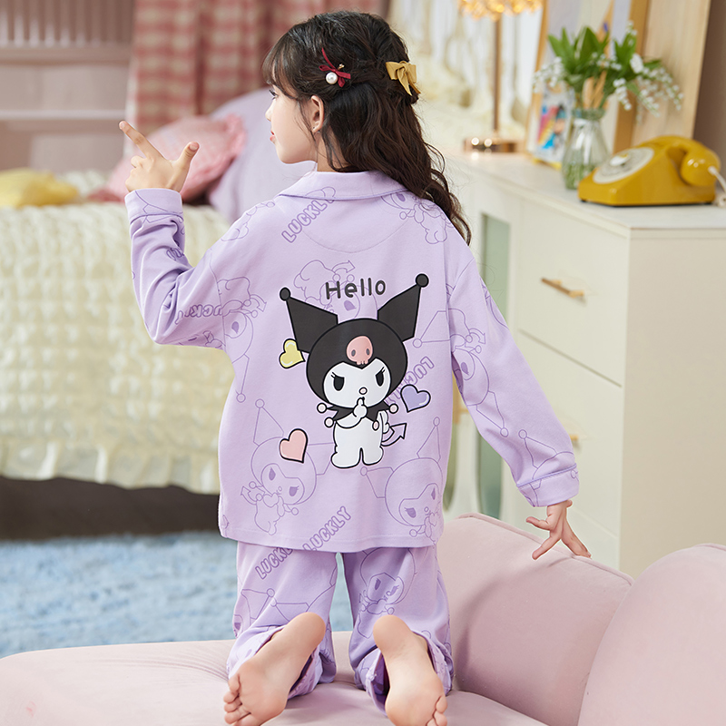 bejirog/北极绒儿童纯棉开衫睡衣女大童卡通家居服套装长袖翻领