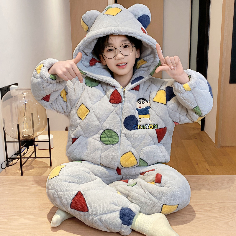 bejirog/北极绒加厚款男童冬季卡通开衫款珊瑚绒三层夹棉睡衣套装