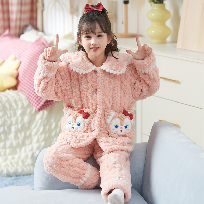 bejirog/北极绒冬季女孩卡通洋气珊瑚绒加绒加厚家居服睡衣套装