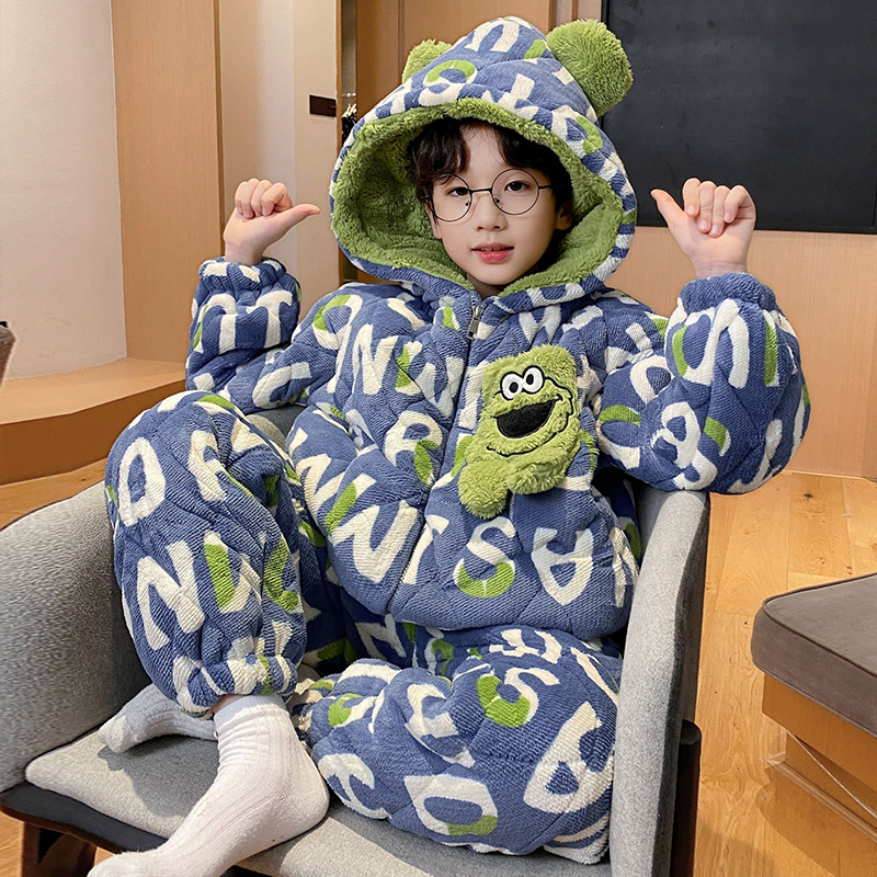 bejirog/北极绒时尚法兰绒男童新款三层夹棉中大童居家保暖睡衣