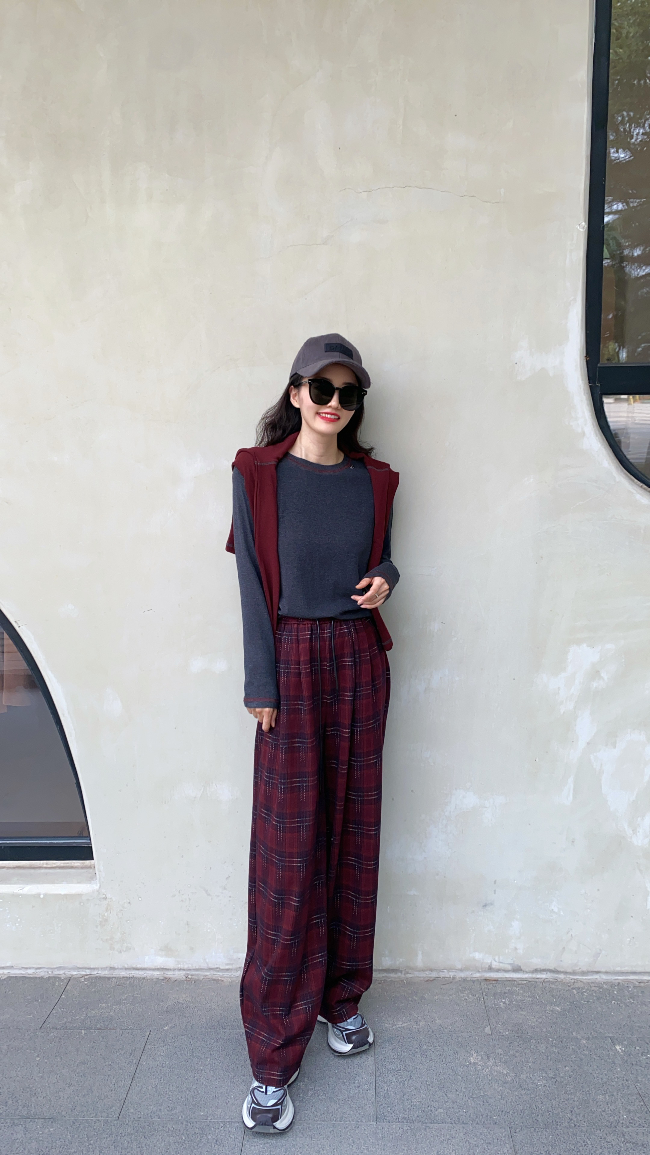 宽松显瘦高腰格子裤女秋冬百搭休闲阔腿裤