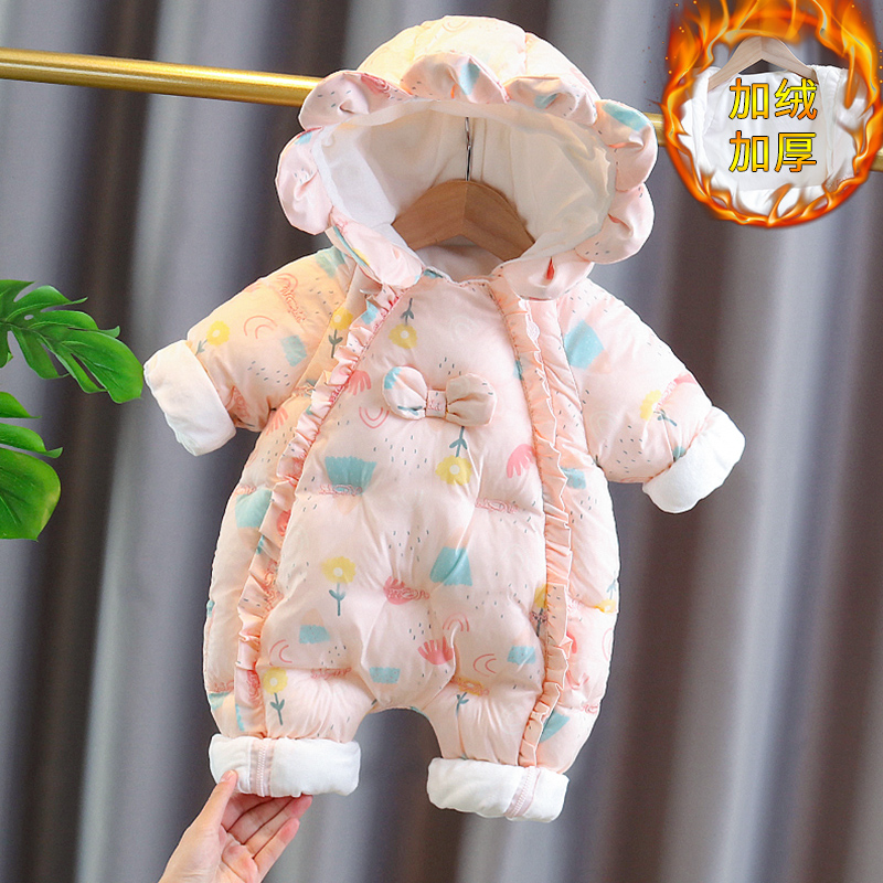 棉服女宝宝冬装连体衣幼儿加绒加厚公主洋气服婴儿冬季抱衣长袖