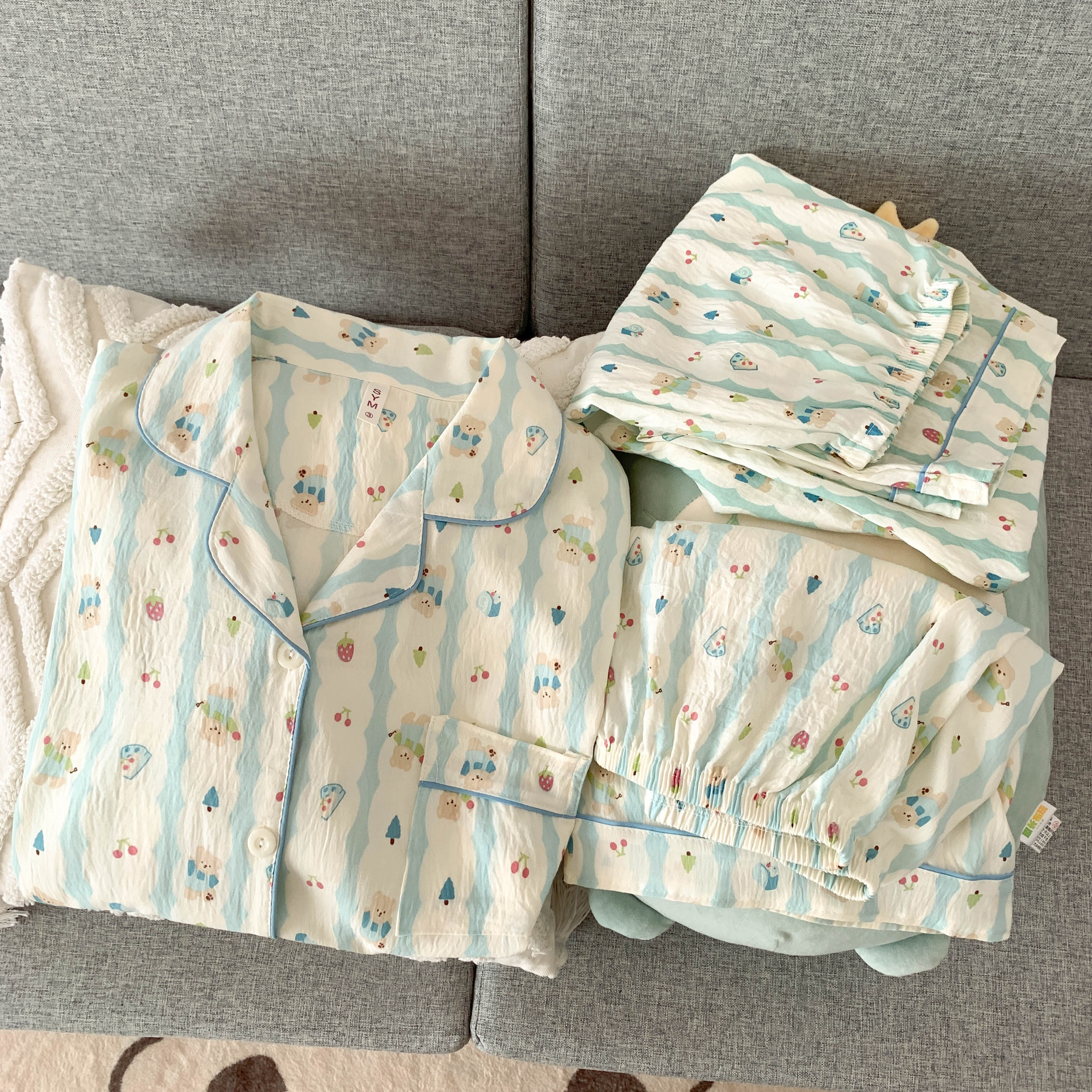 短袖睡衣三件套少女甜美风小熊套装云朵棉宽松夏可外穿春秋家居服