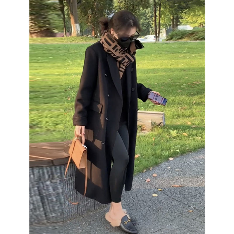 Z2023秋冬加绒加厚毛呢外套女长款过膝时尚赫本高个子西装呢子大