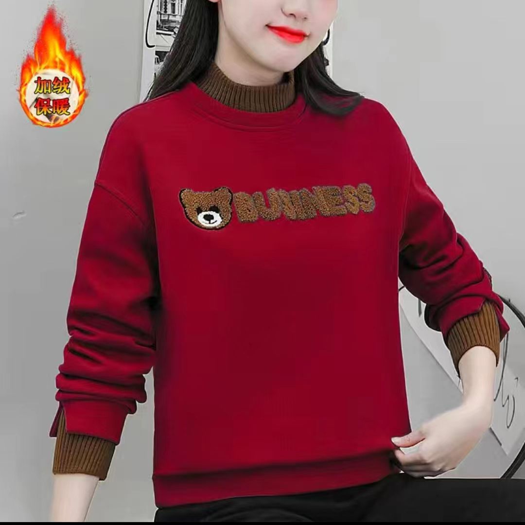 Z时尚减龄半高领卫衣女加绒加厚短款假两件打底衫2023秋冬新款上