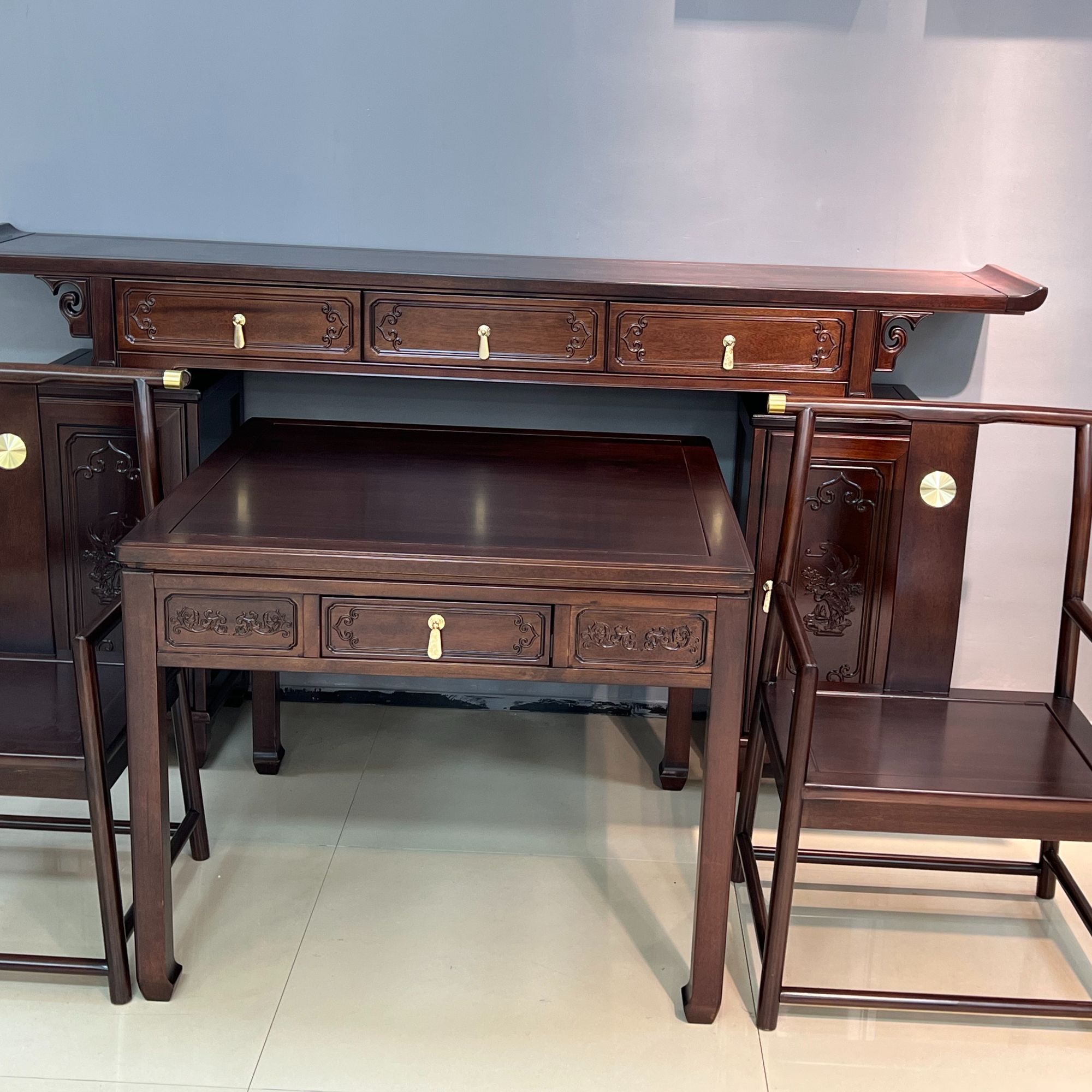 6925新中式紫金檀木 中堂四件套 八仙桌 条案实木供台