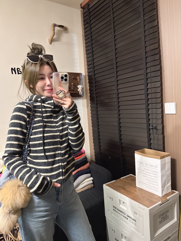 【思含】秋冬连帽条纹拉链上衣绒感休闲外套