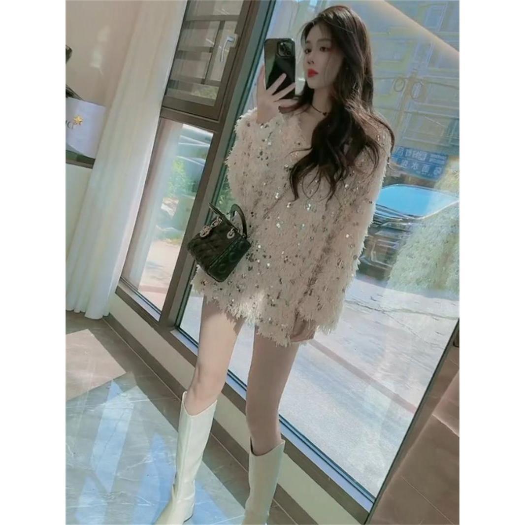 亮片上衣爆闪新款下半身失踪亮晶晶女宽松慵懒风毛毛流苏羽毛衣女