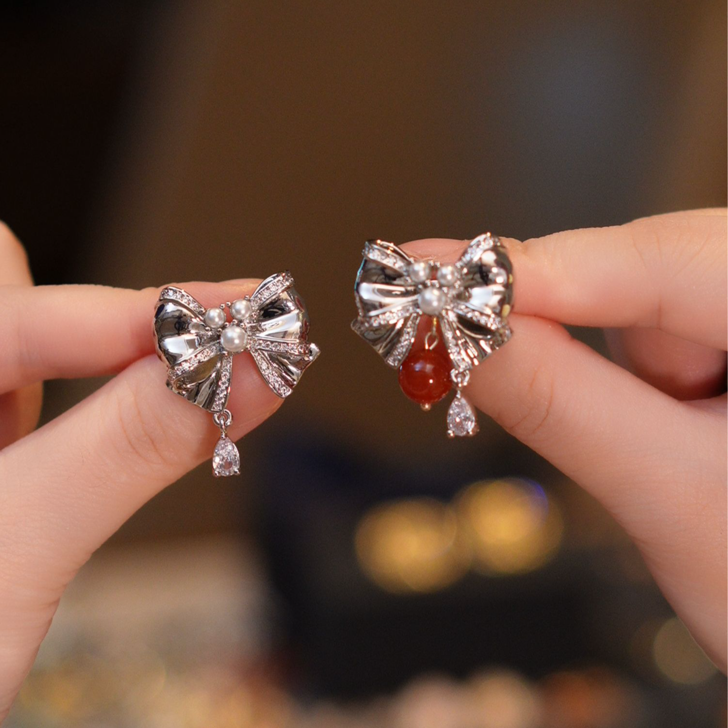 玛瑙蝴蝶结耳钉HTPJF069